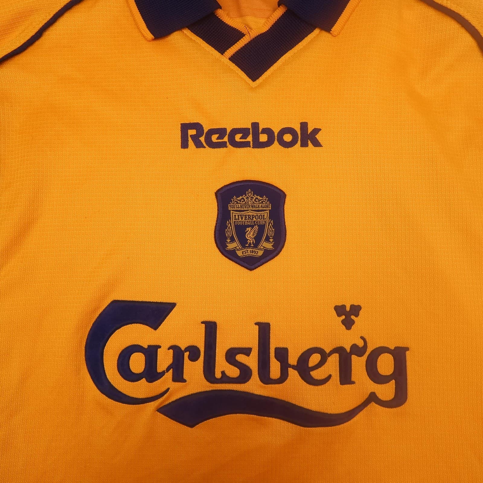 Vintage Liverpool Away Shirt Mens Medium Yellow 1998 Reebok Carlsberg Jersey photo 3