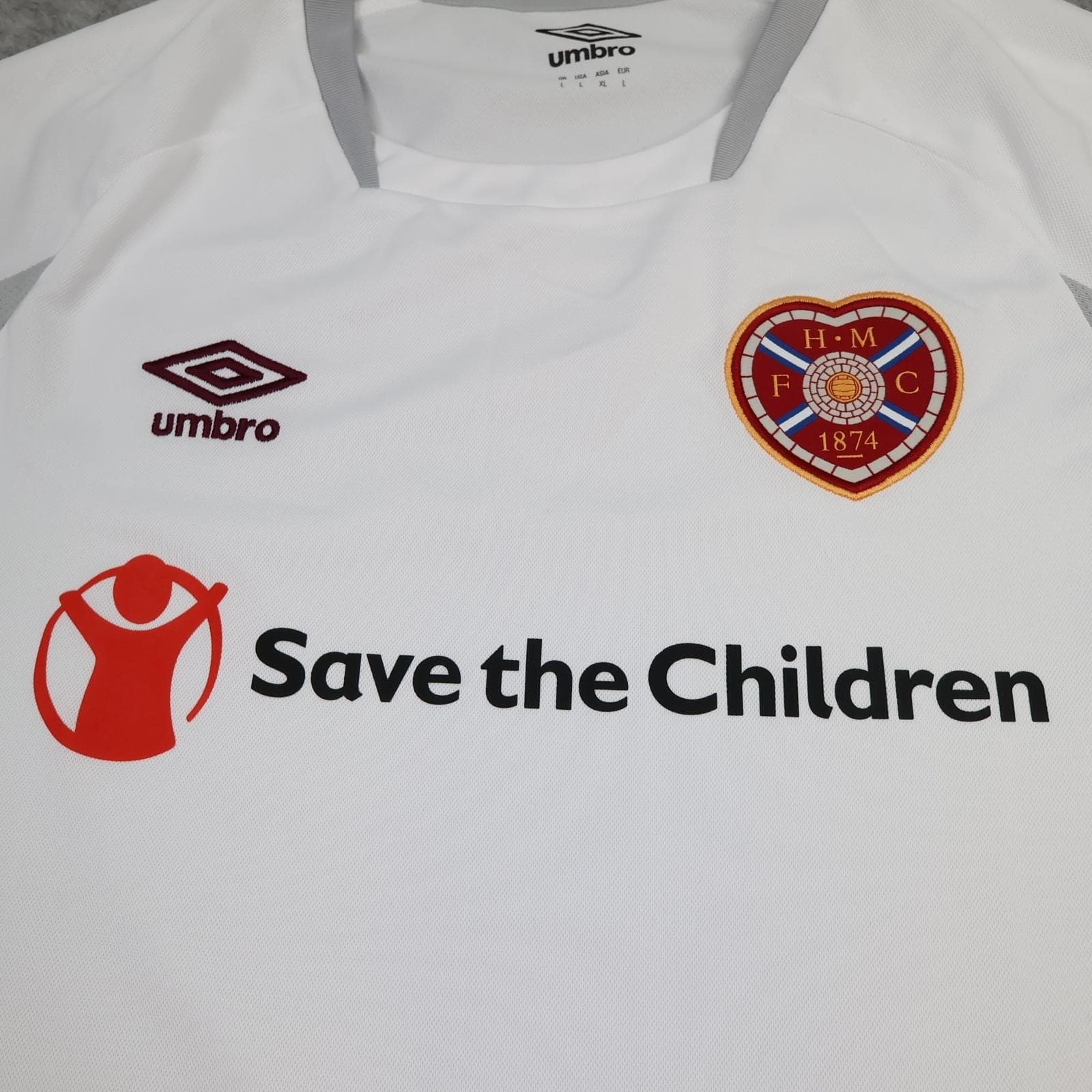 Hearts Shirt Mens Large White Away Long Sleeve Umbro 2018 2019 Soccer Jersey photo 3
