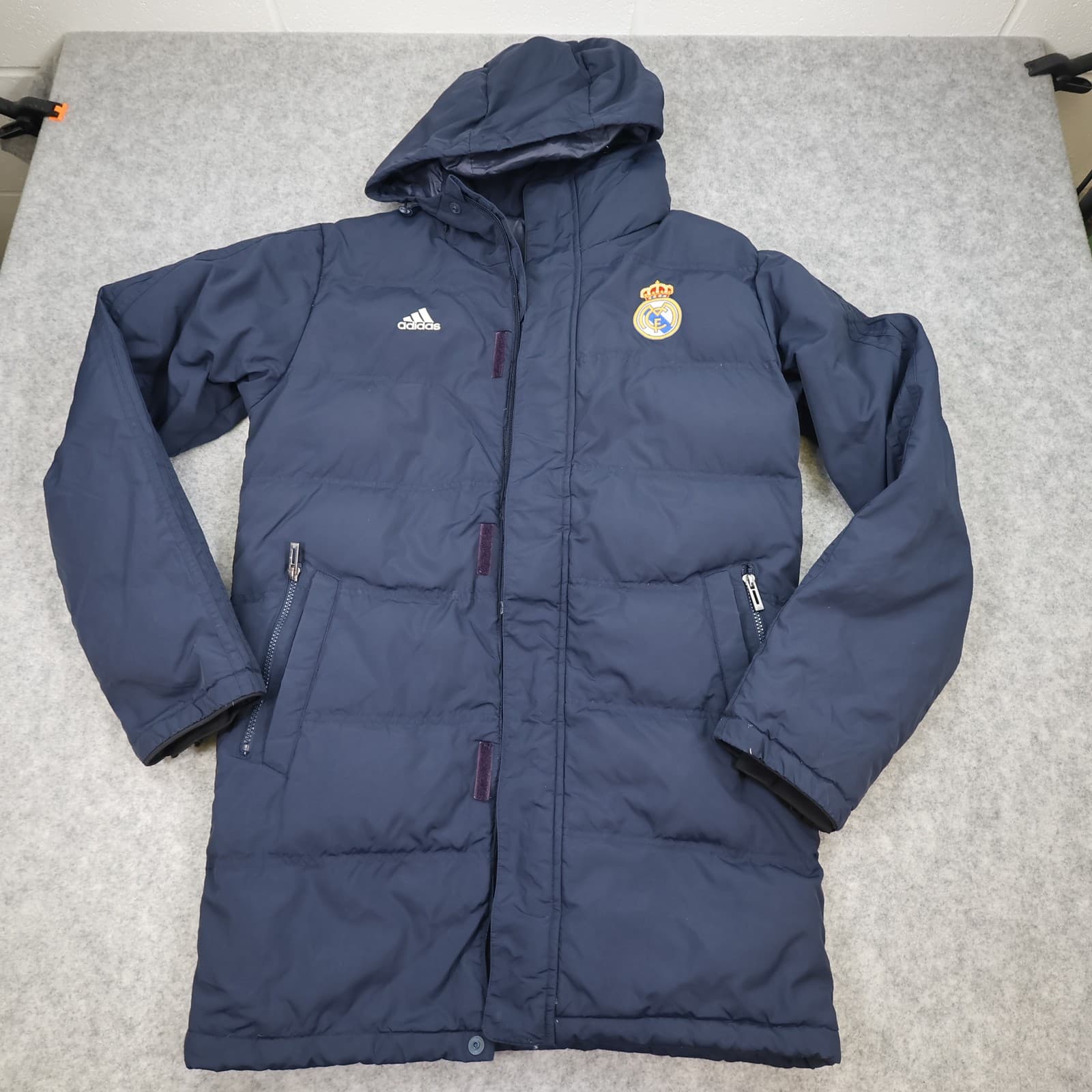 Vintage Real Madrid Jacket Mens Medium Navy Football Hooded Padded Winter Coat