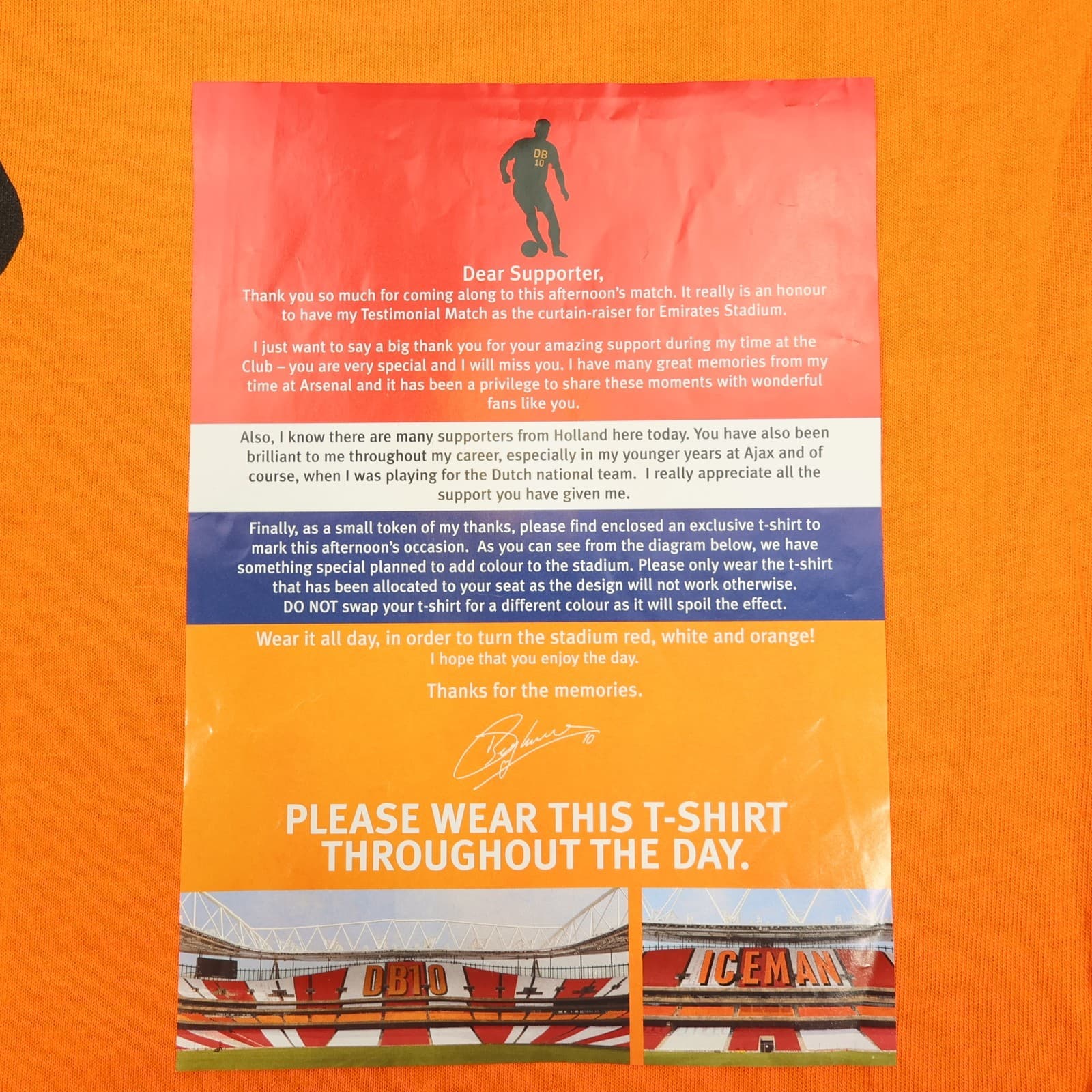 Vintage Arsenal Shirt Extra Large Orange Testimonial 2006 Bergkamp Jersey XL photo 3