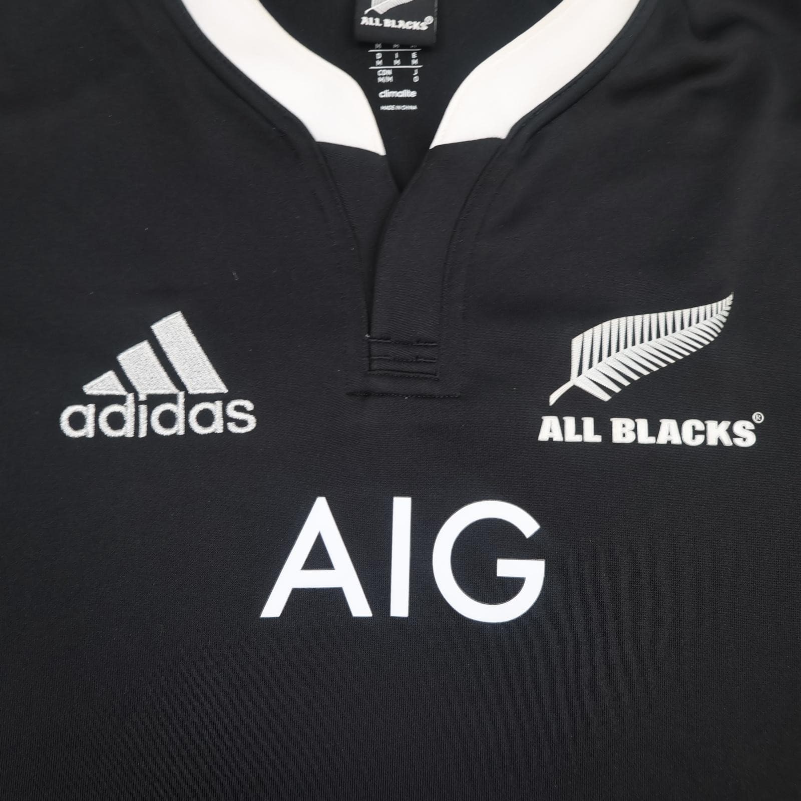 New Zealand All Blacks Shirt Mens Medium Black Rugby Adidas AIG 2013 2014 Jersey photo 3