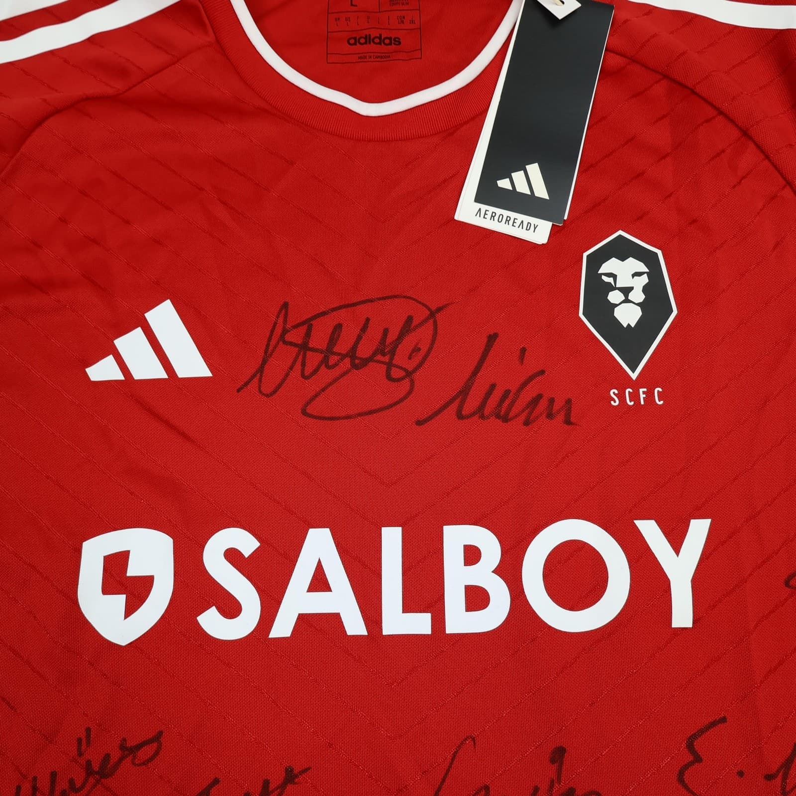 Salford City Shirt Mens Large Red Home Football Adidas Salboy Signed Jersey photo 3