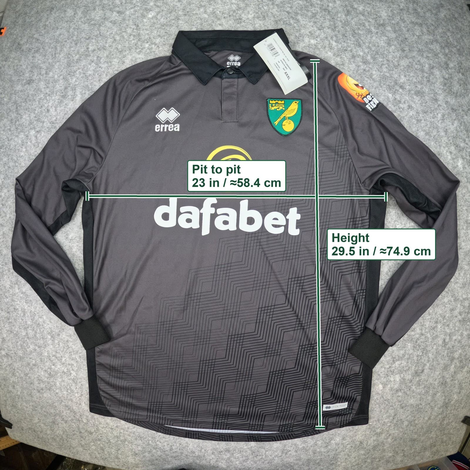 Norwich City Football Shirt 3XL Grey Erreà 2019 2020 Long Sleeve Soccer Jersey photo 4