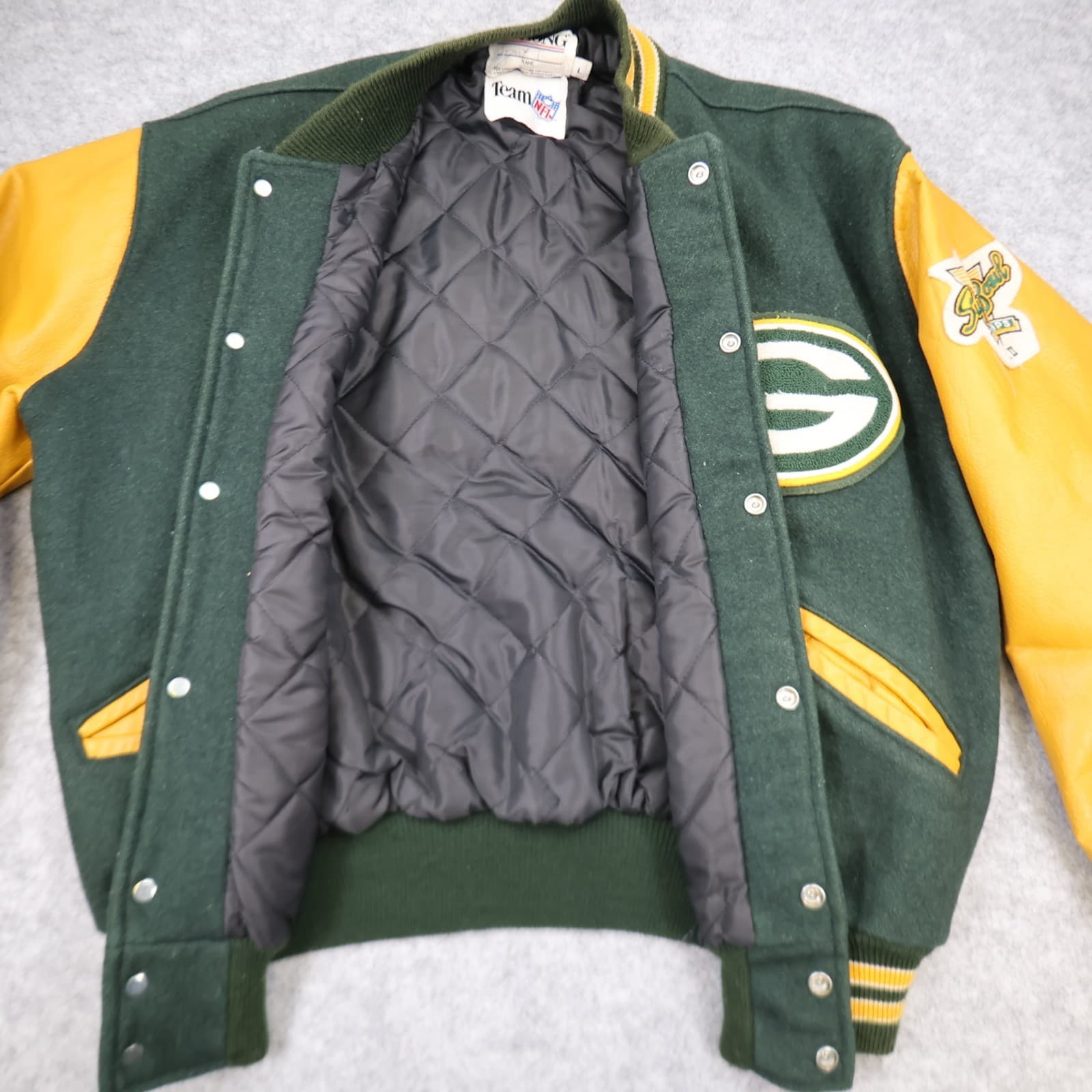 Vintage Green Bay Packers Varsity Jacket Large Green Leather DeLong NFL photo 3