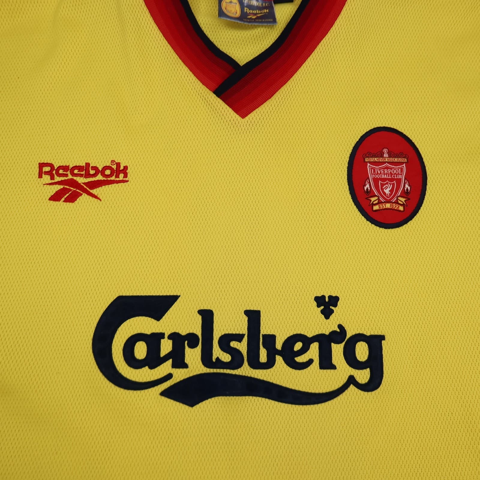 Vintage Liverpool Shirt Large Yellow Away Kit 1997 1999 Reebok Soccer Jersey photo 3
