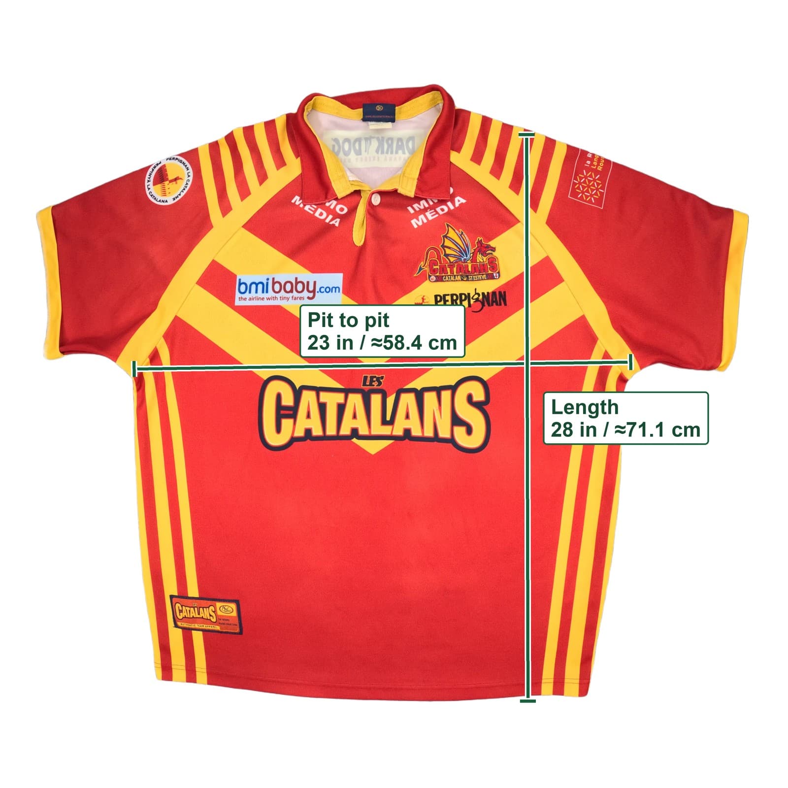 Catalans Dragons Rugby League Shirt Adult Large Yellow Striped 2007 ISC Button photo 5
