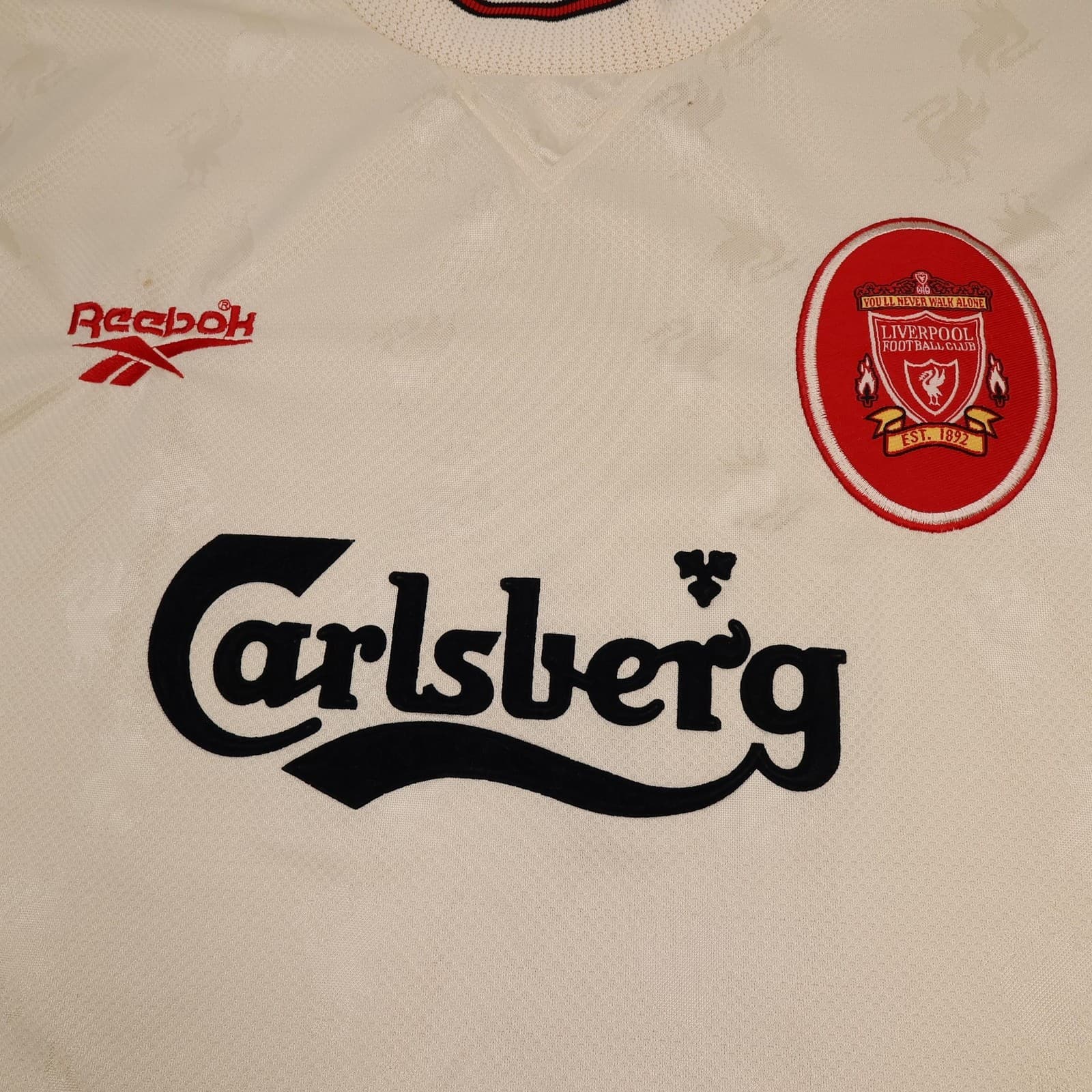 Vintage Liverpool Away Shirt Mens 2XL Beige 1996 1997 Reebok Soccer Jersey photo 3