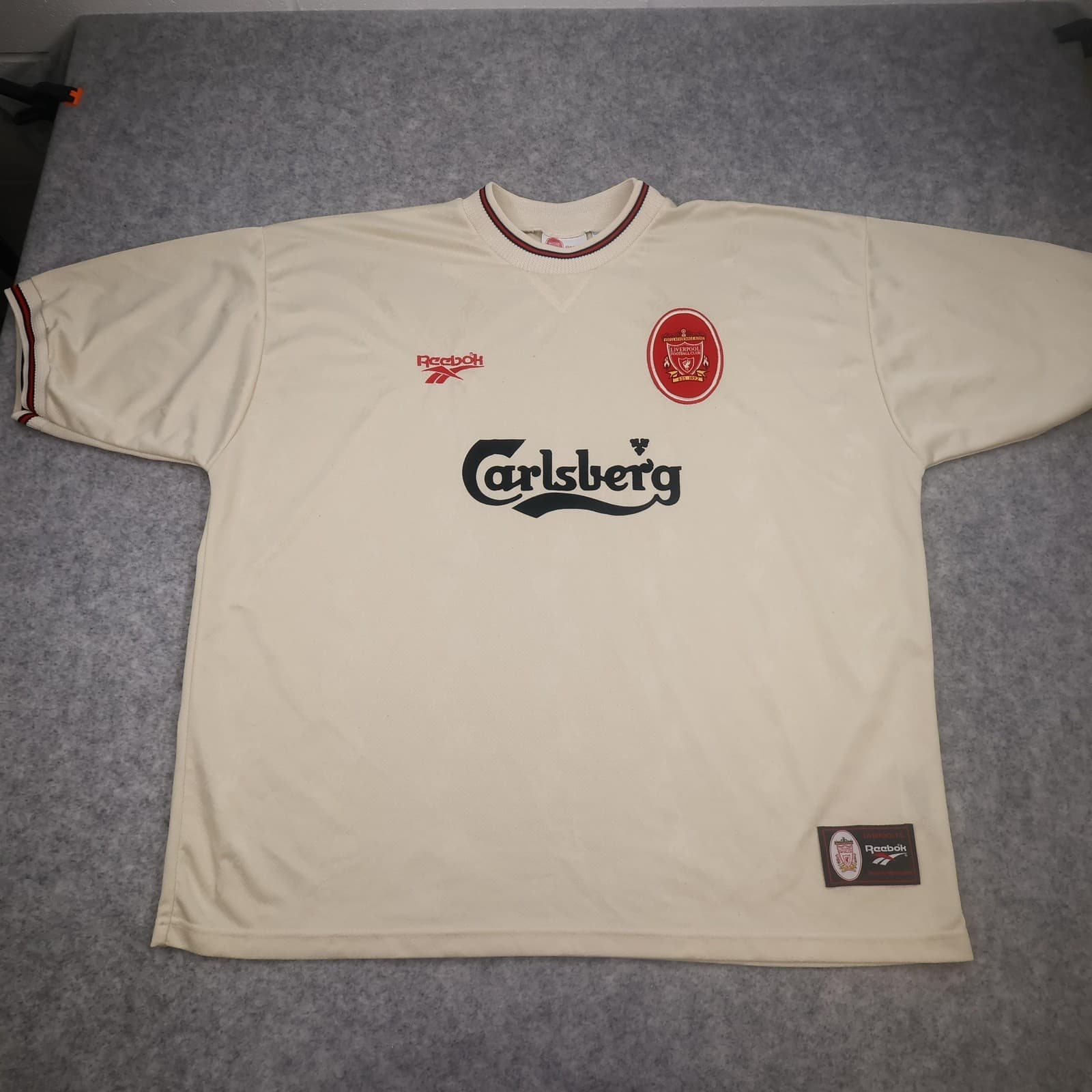 Vintage Liverpool Away Shirt Mens 2XL Beige 1996 1997 Reebok Carlsberg Jersey