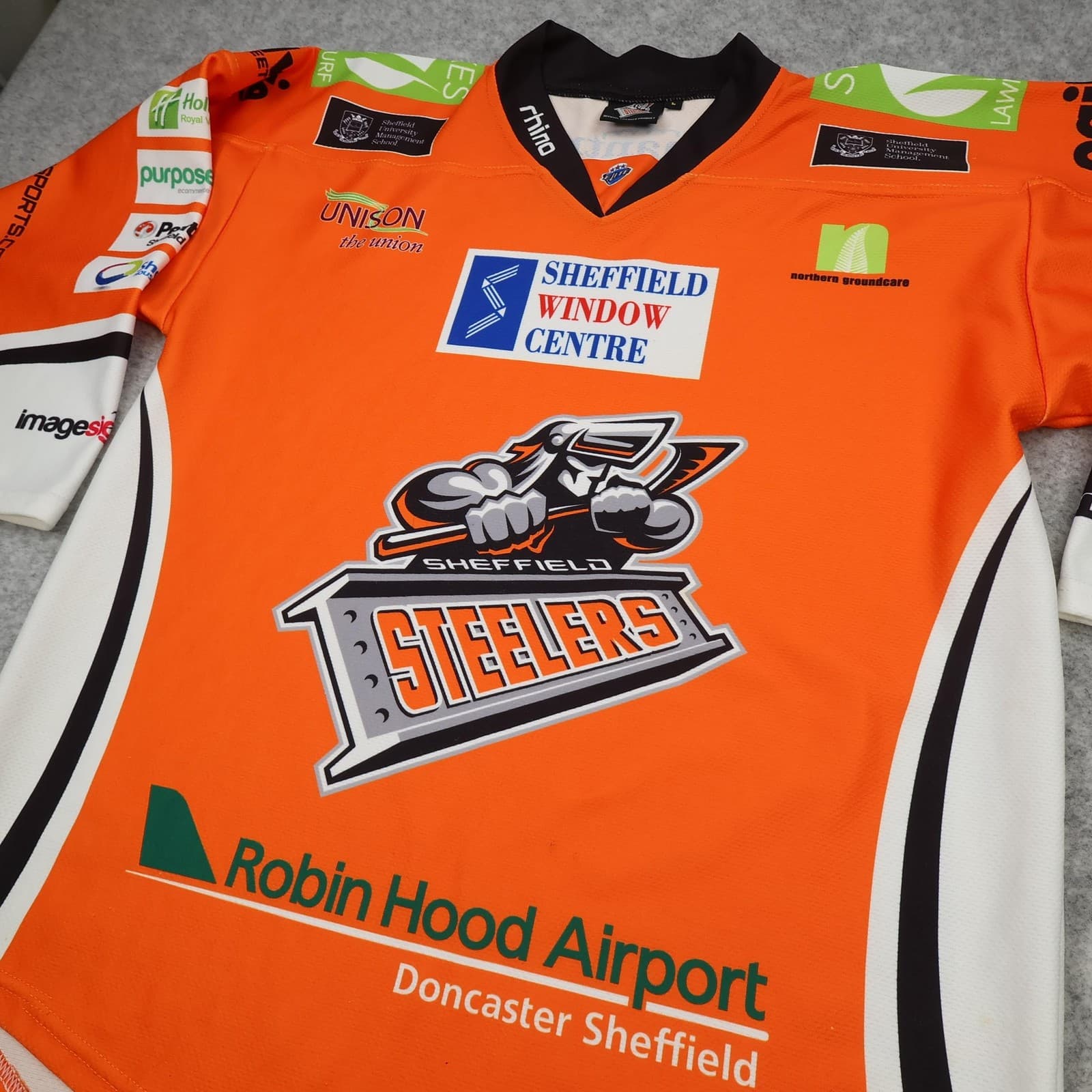 Sheffield Steelers Shirt Mens Large Orange EIHL Ice Hockey Rhino Jersey Top UK photo 3