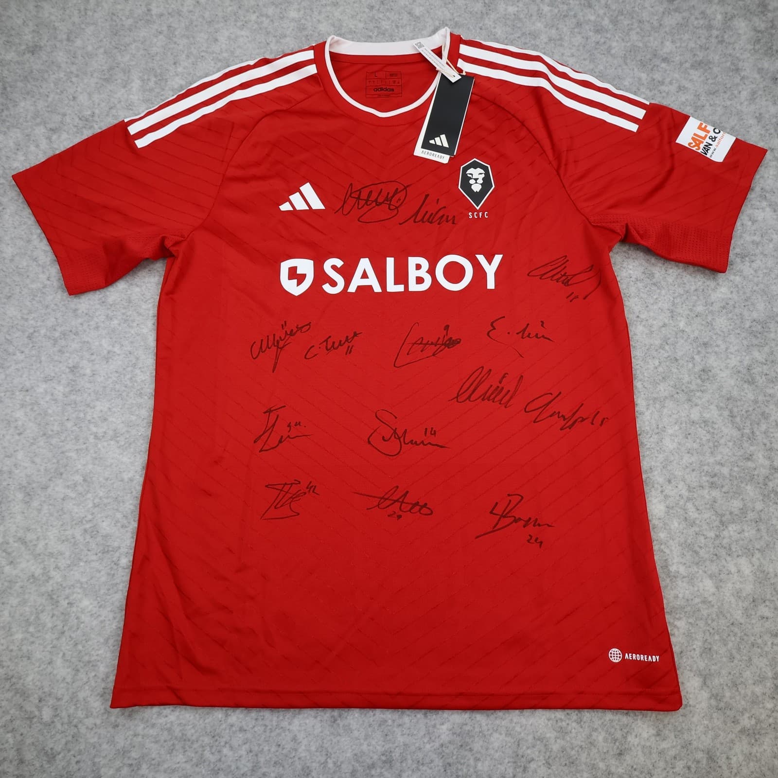 Salford City Shirt Mens Large Red Home Football Adidas Salboy Signed Jersey