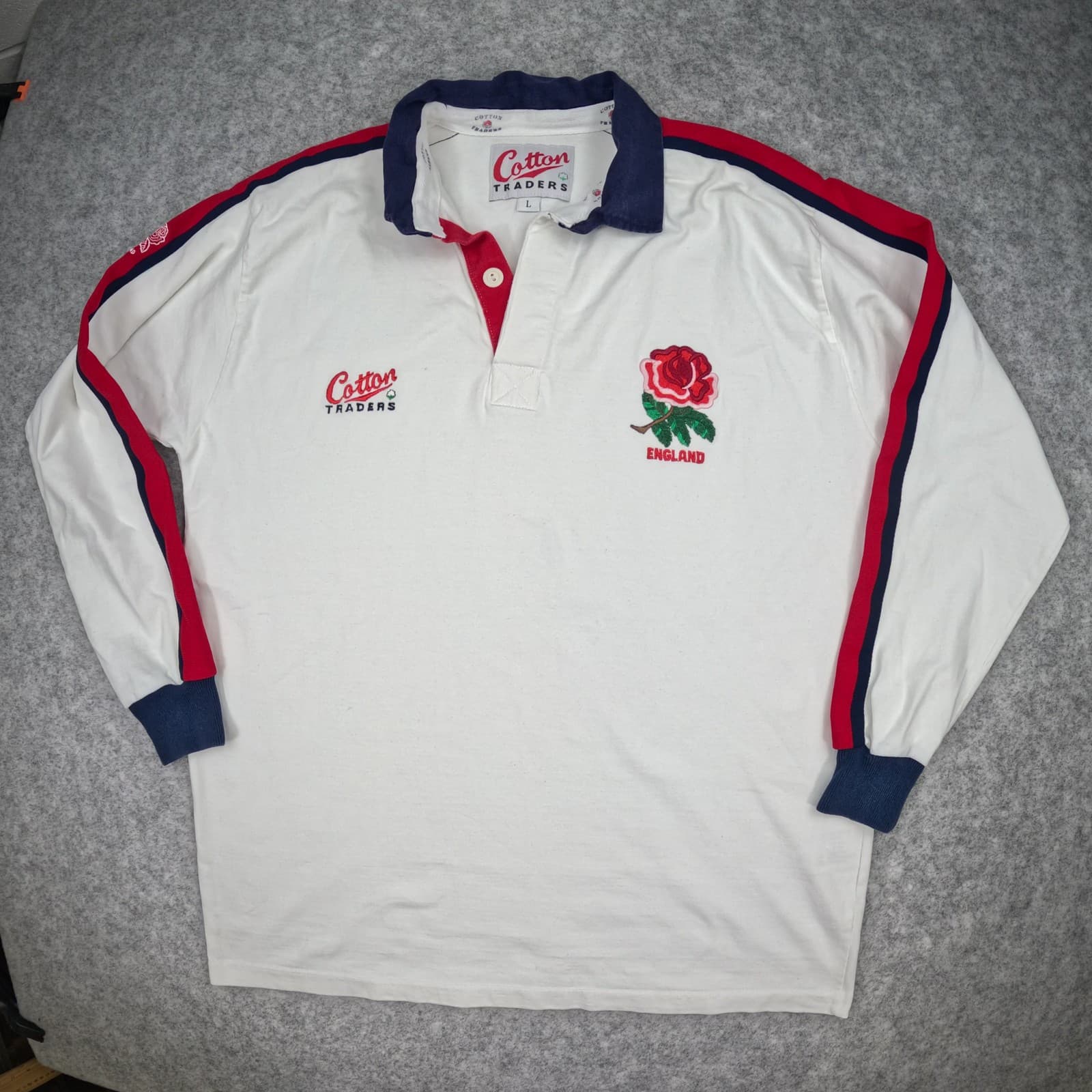 England Rugby Shirt Large White 1993-95 Cotton Traders Button Rugby Union