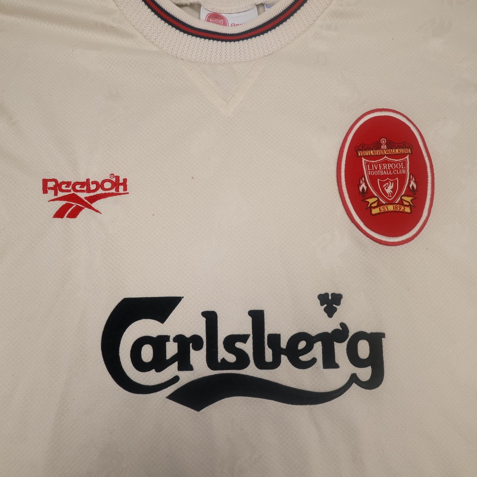 Vintage Liverpool Away Shirt Mens 2XL Beige 1996 1997 Reebok Carlsberg Jersey photo 3