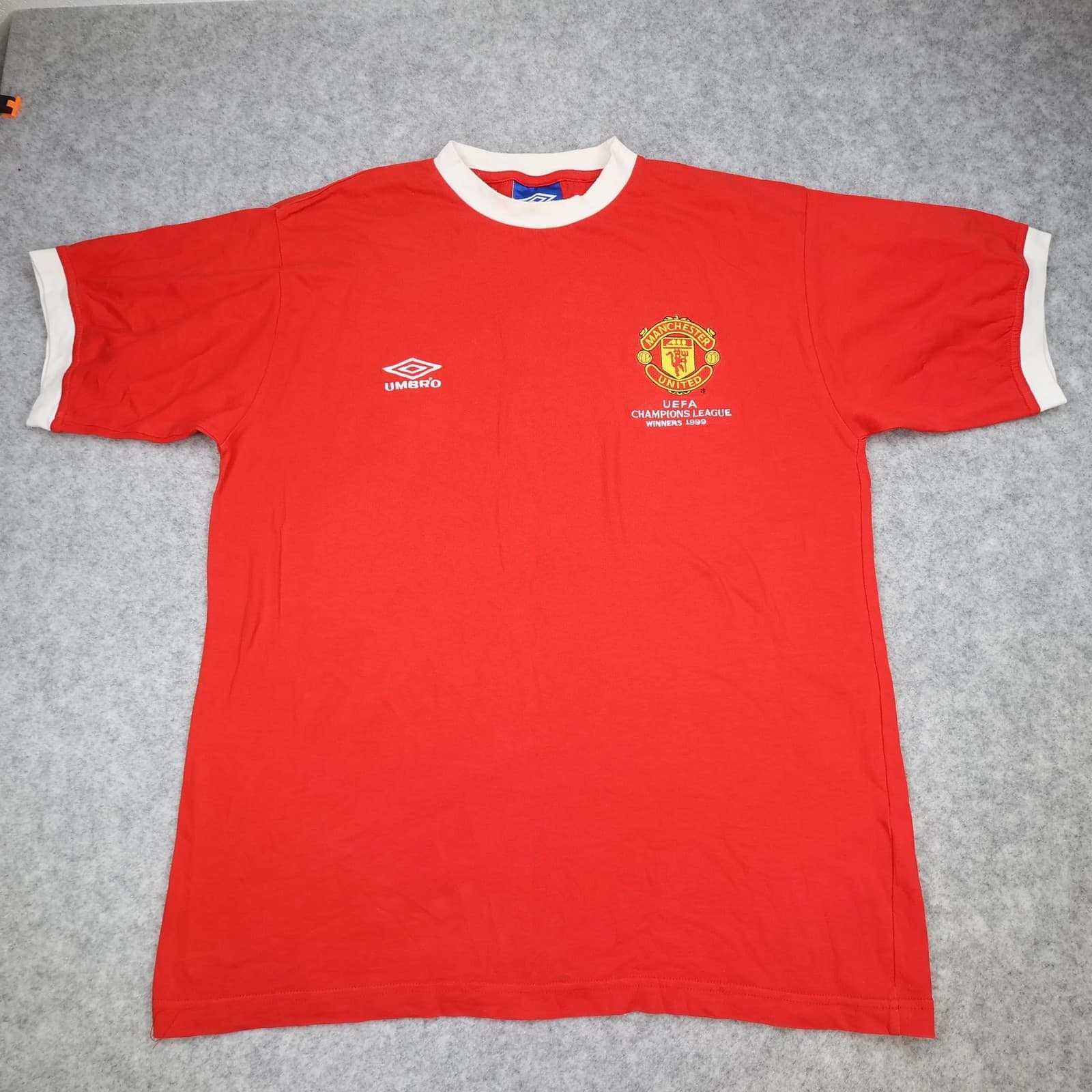 Manchester United Shirt Mens XL Red UEFA CL Winners Umbro 1999 Soccer Jersey