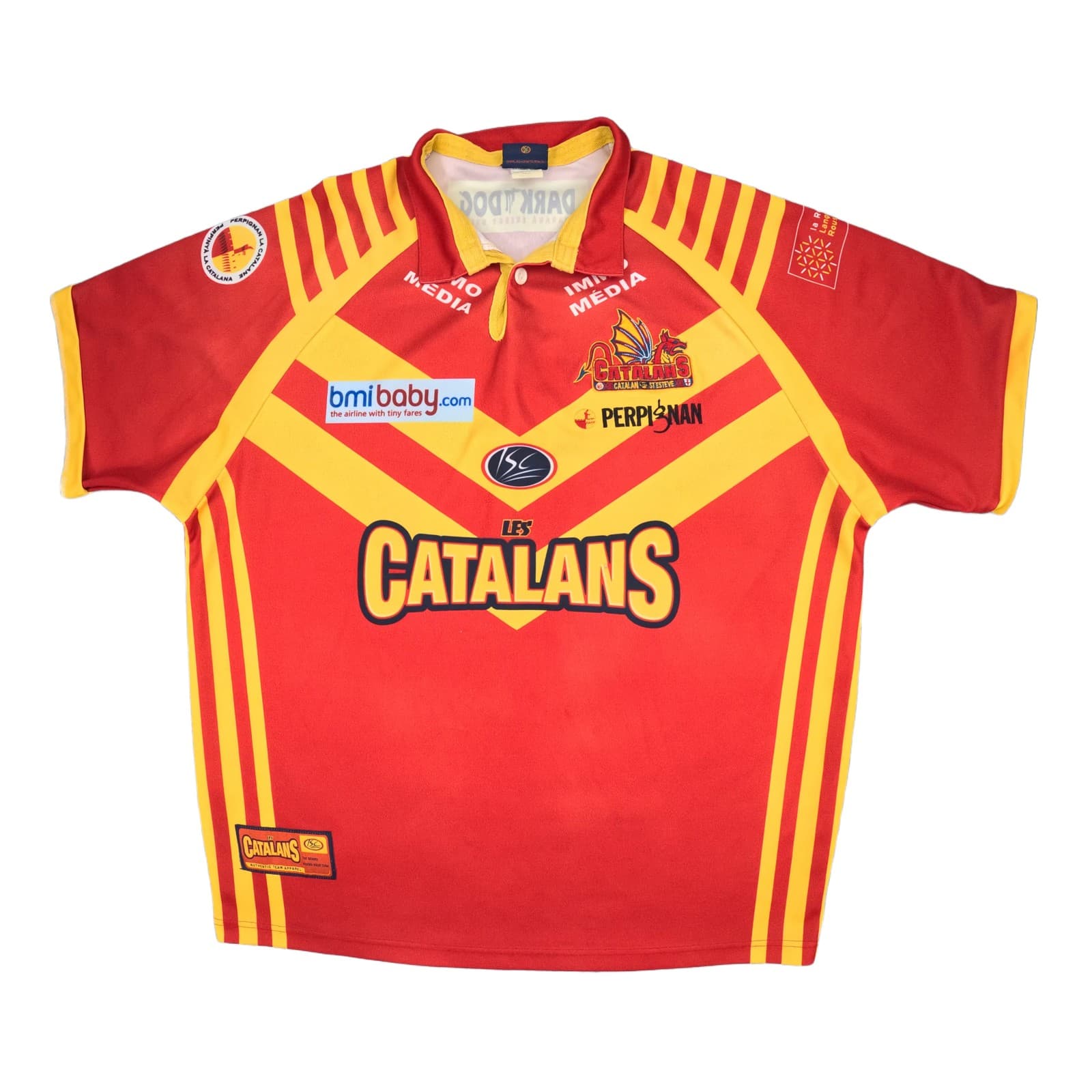 Catalans Dragons Rugby League Shirt Adult Large Yellow Striped 2007 ISC Button