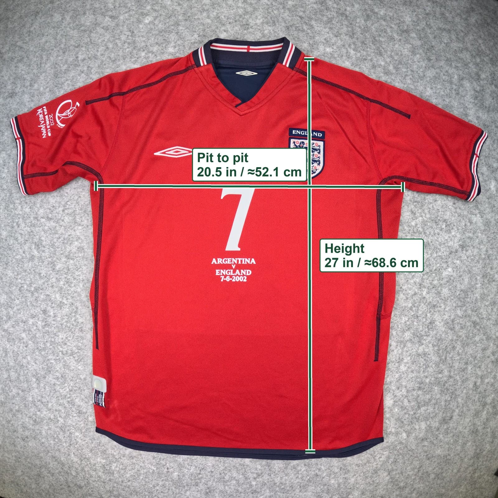 England Football Shirt Small Red Away Umbro Beckham 7 vs Argentina 2002 Jersey photo 3