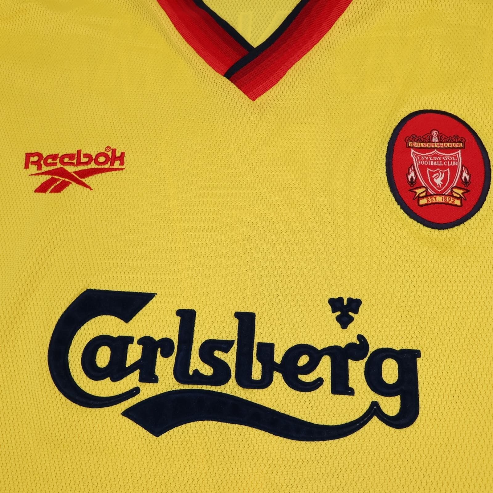 Vintage Liverpool Away Shirt Mens Large Yellow 1997 1999 Reebok Carlsberg Jersey photo 3