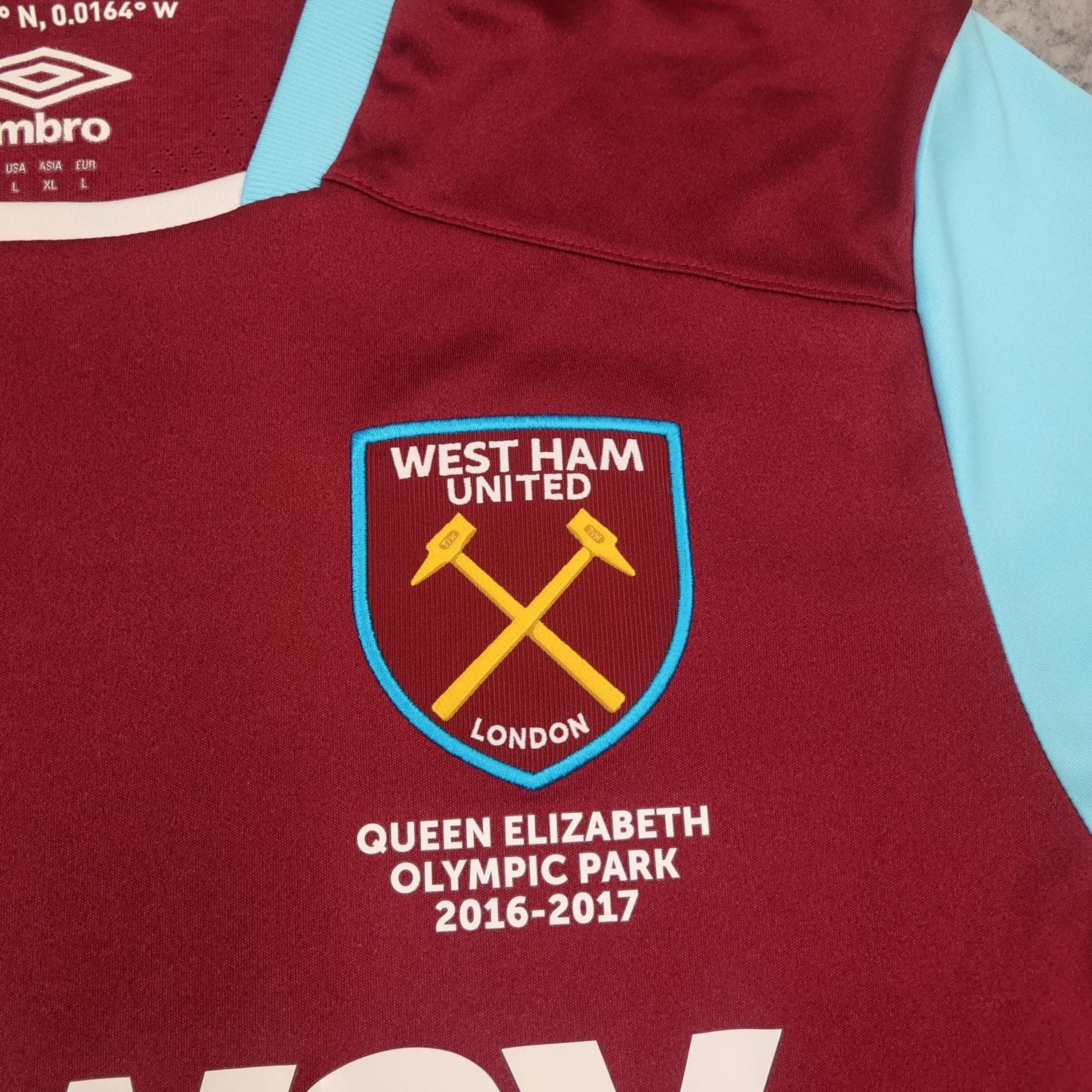 West Ham United Shirt Mens Large Red Home 2016 2017 EPL Football Umbro Jersey photo 3