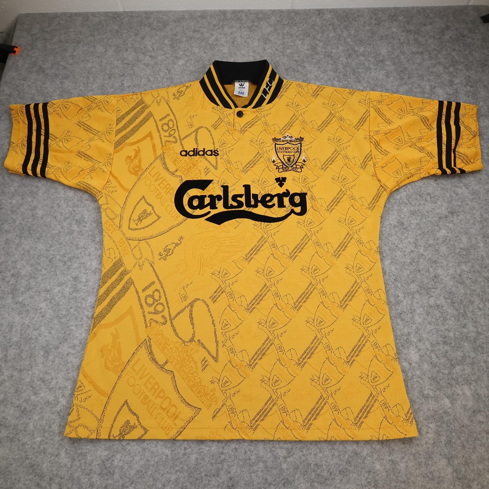 Liverpool Shirt Mens Large Third Yellow 1994 1996 Adidas Carlsberg Soccer Jersey