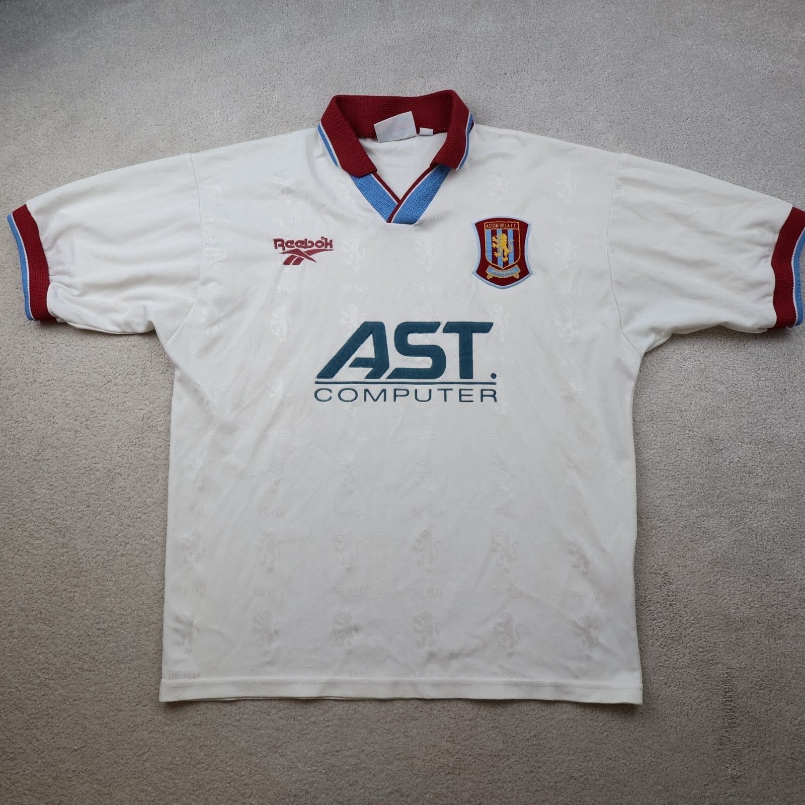Vintage Aston Villa Shirt Large White Away Kit 1996 1997 1998 Reebok Jersey 40"