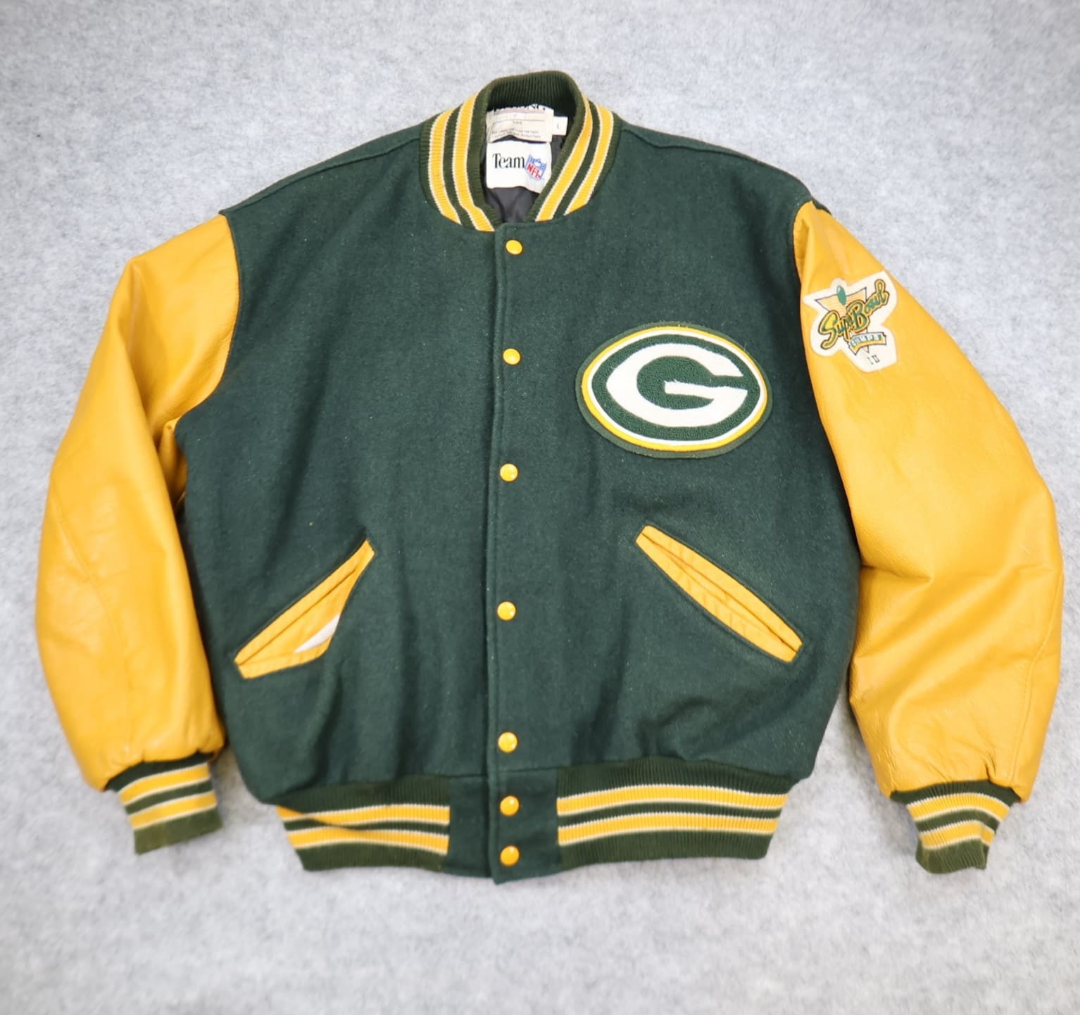 Vintage Green Bay Packers Varsity Jacket Large Green Leather DeLong NFL