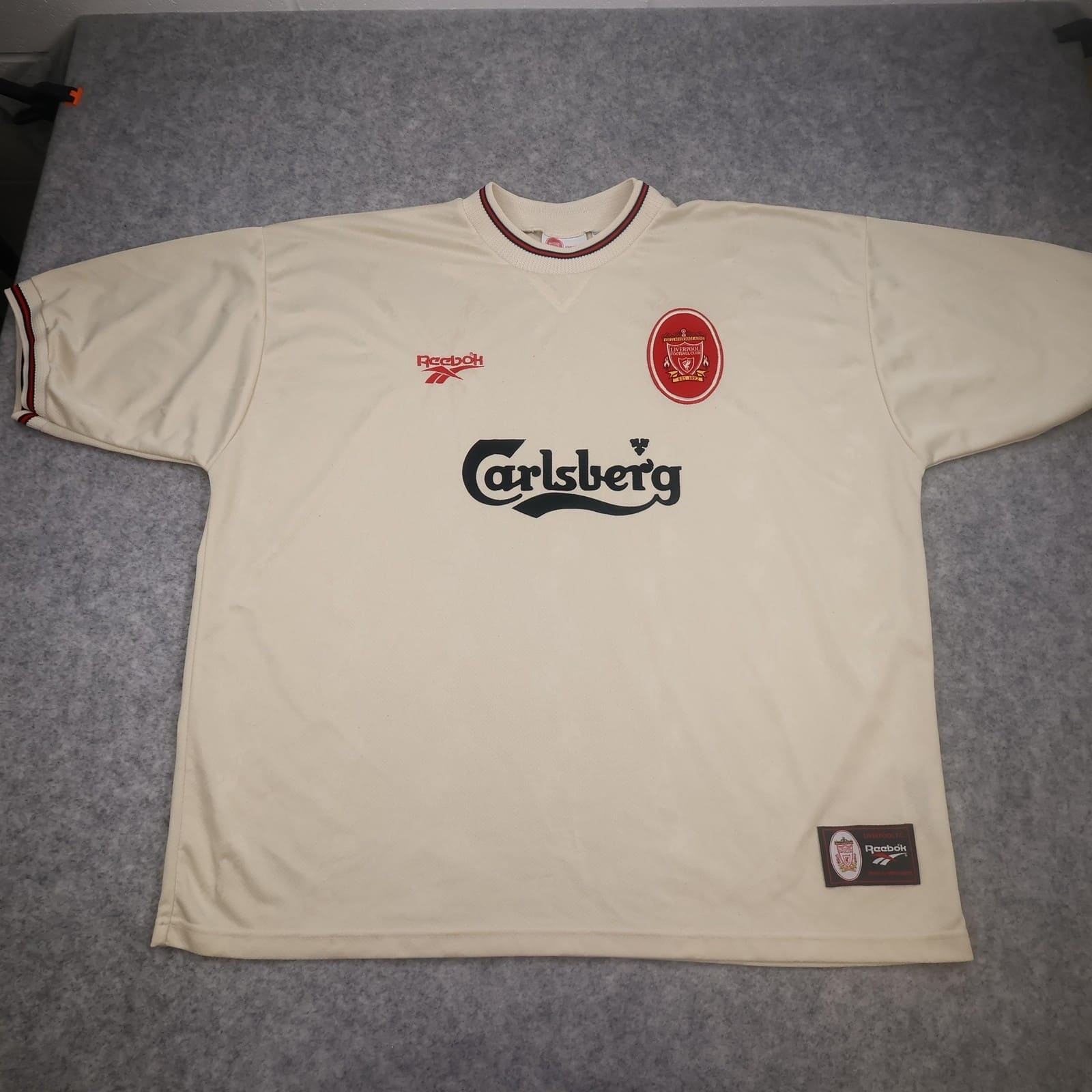 Vintage Liverpool Away Shirt Mens 2XL Beige 1996 1997 Reebok Carlsberg Jersey