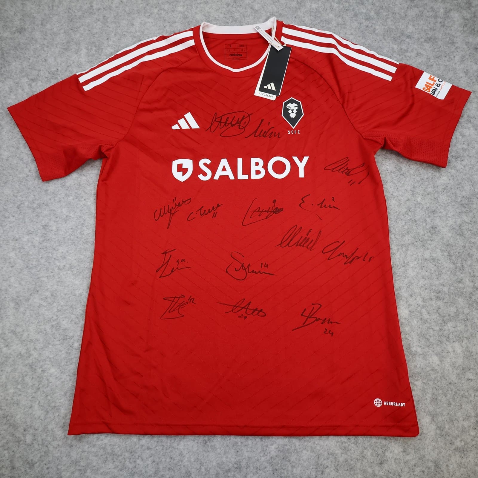 Salford City Shirt Mens Large Red Home Football Adidas Salboy Signed Jersey