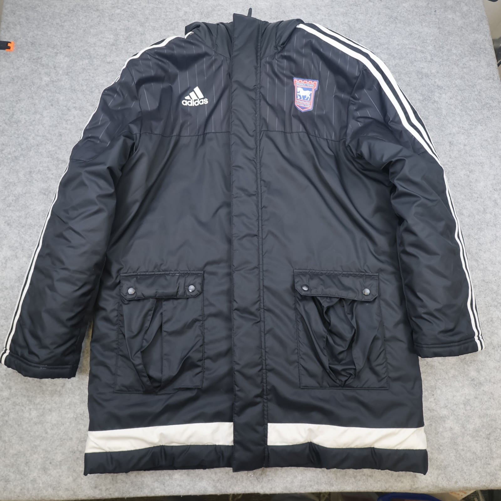Ipswich Football Jacket Large Black Winter Adidas Long Bench Coat Pockets