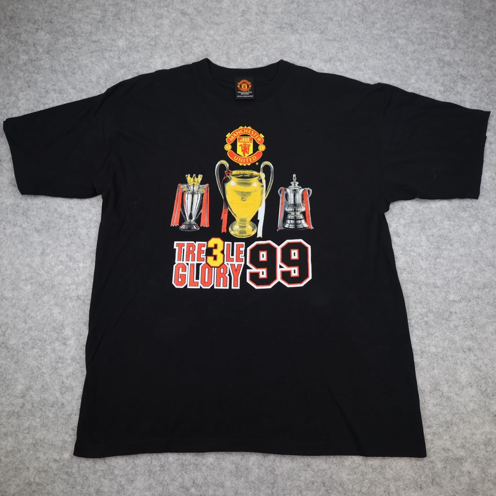 Vintage Manchester United Shirt Large Black Treble Glory Graphic 1999 90s