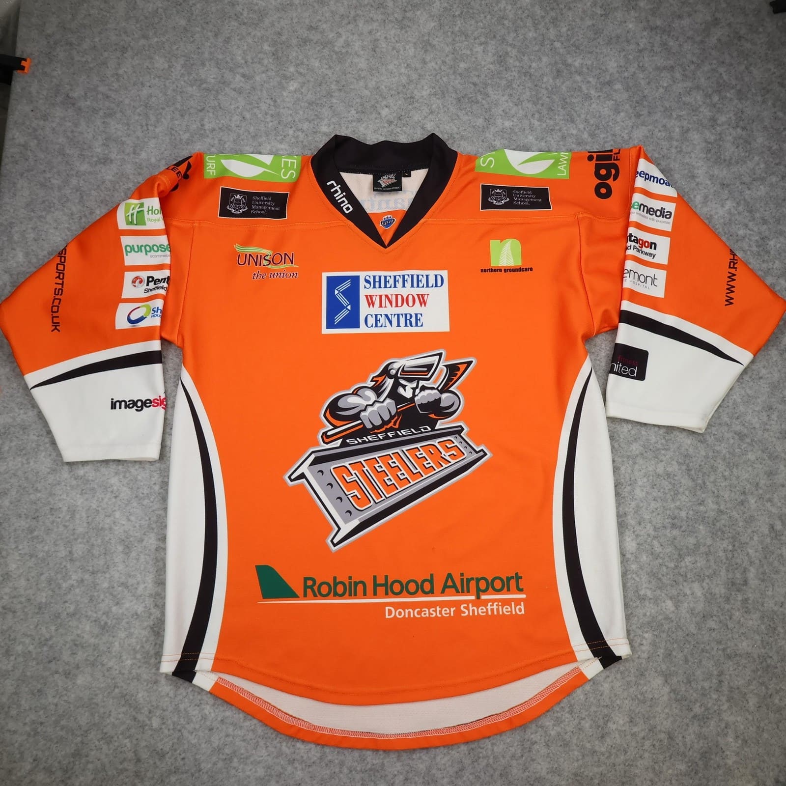 Sheffield Steelers Shirt Mens Large Orange EIHL Ice Hockey Rhino Jersey Top UK