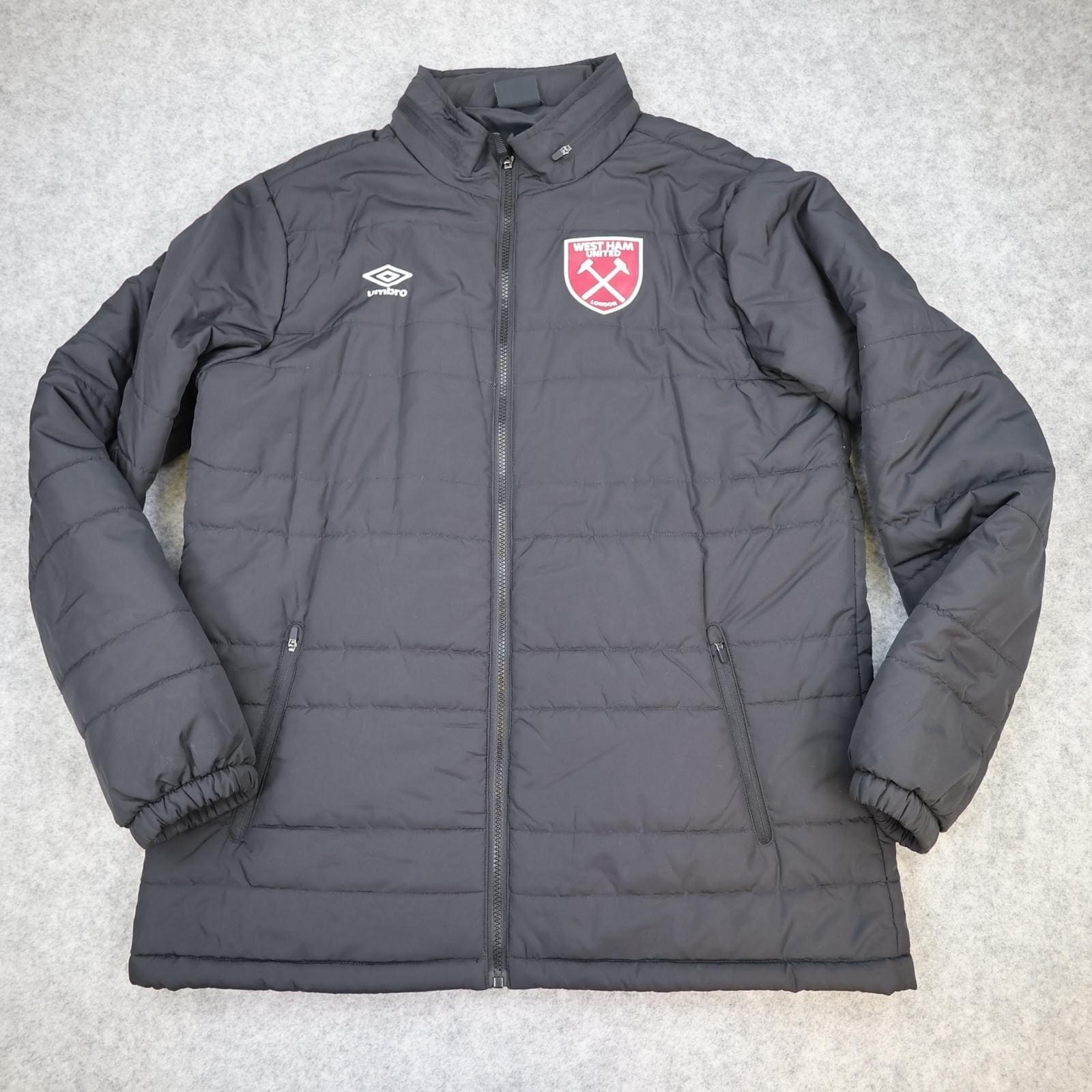 West Ham United Jacket Mens Large Black Football Umbro Hooded Padded Winter Coat