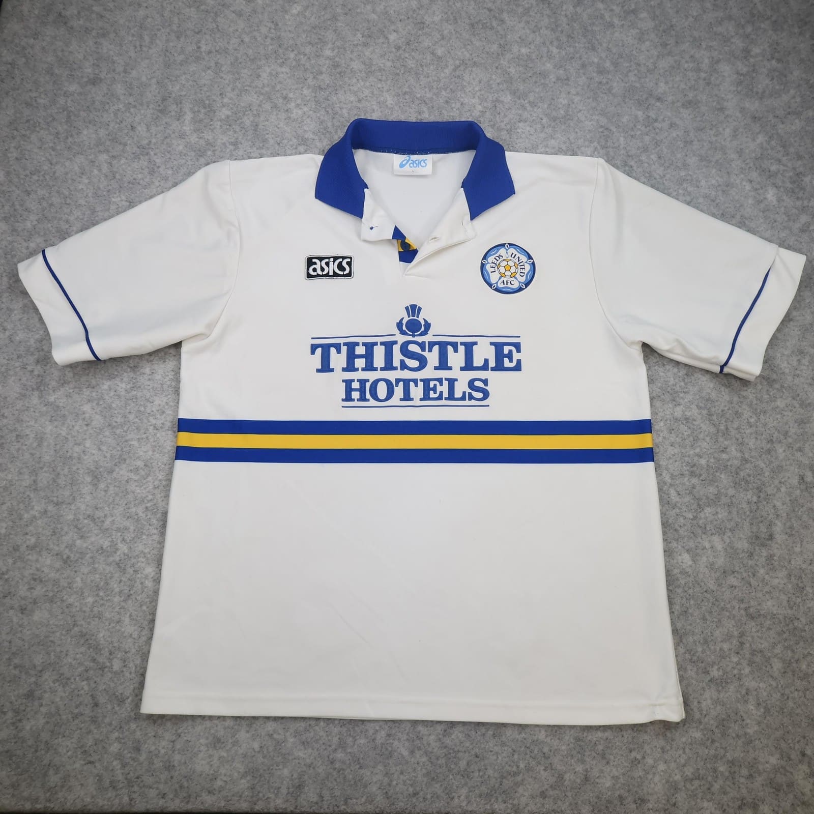 Leeds United Shirt Mens Large Home Asics Thistle Hotels Soccer Jersey 1993 1995
