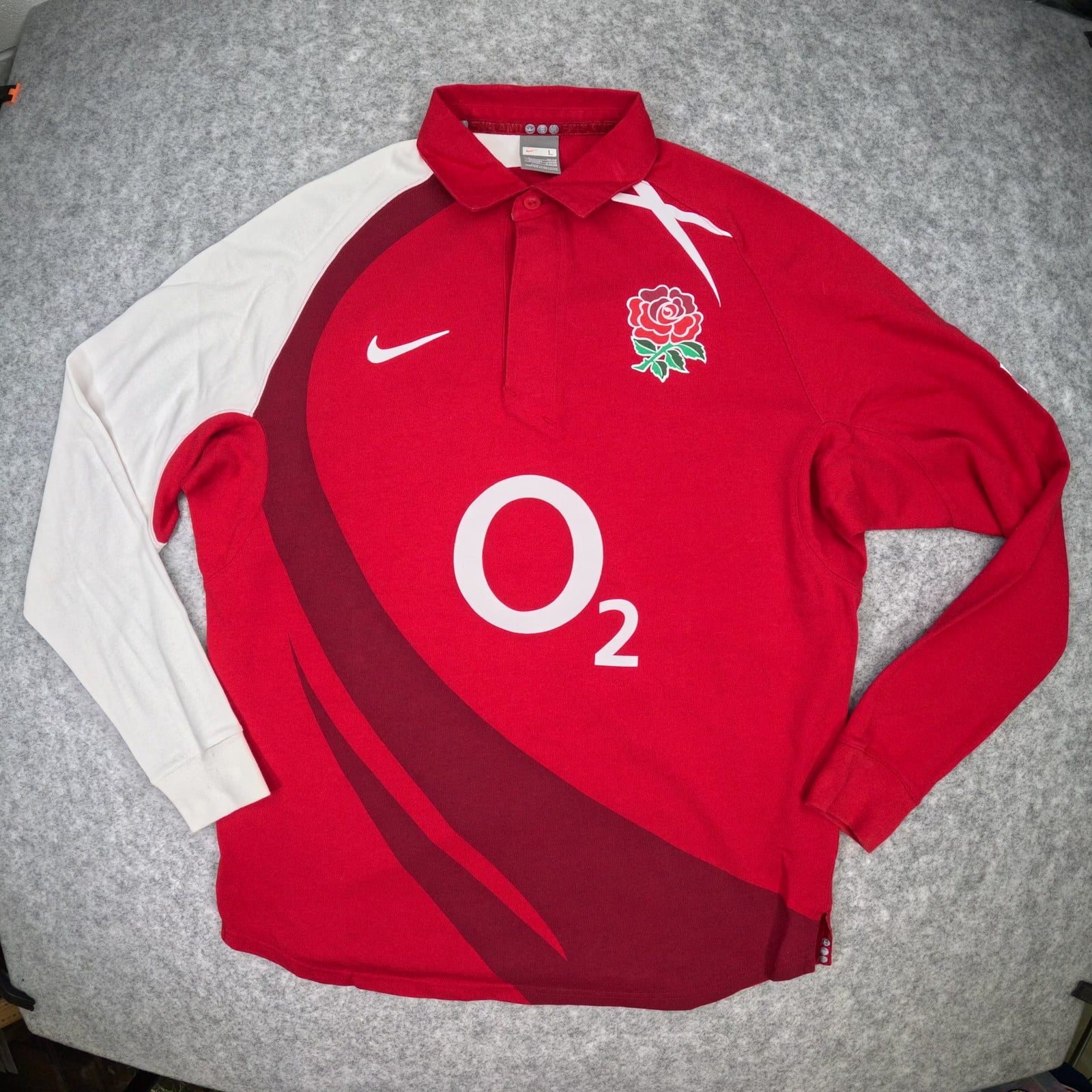 England Rugby Shirt Large Red Away Nike Long Sleeve Button Rugby Union