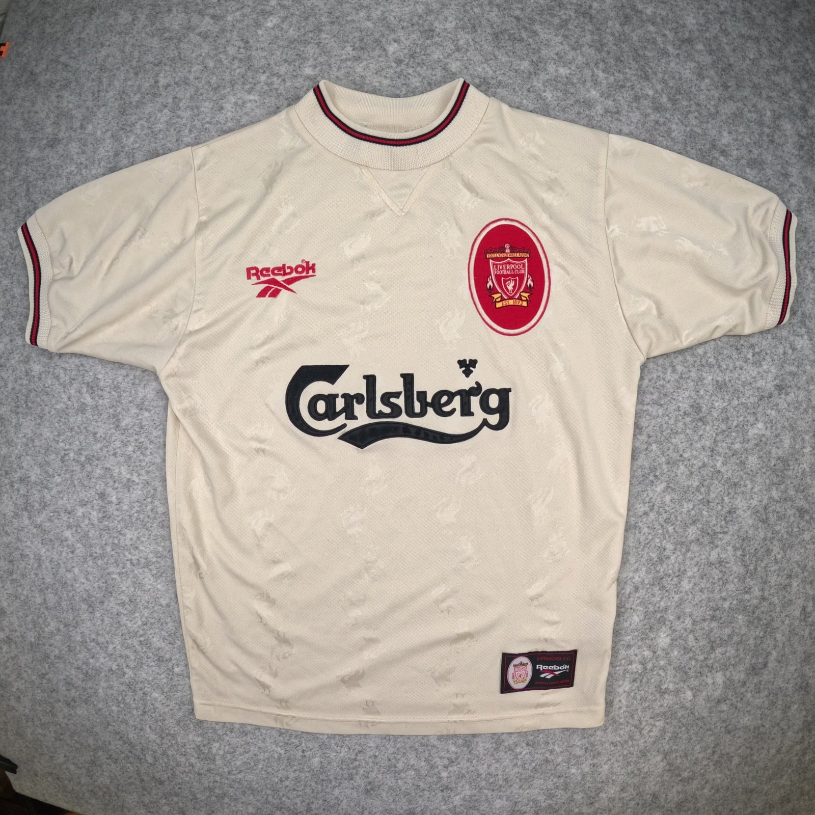 Vintage Liverpool Football Shirt Small Away 1996 1997 Reebok 34/36 Cream Jersey