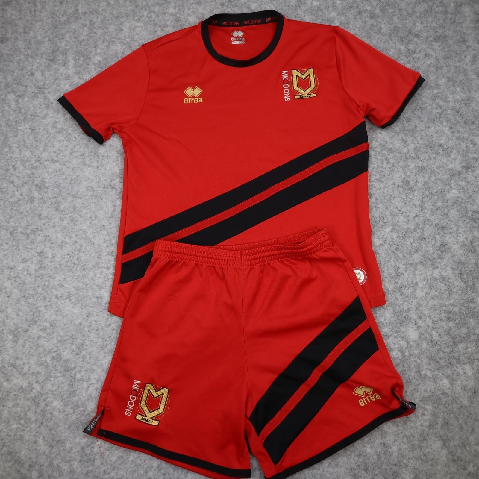 Milton Keynes Dons Shirt Youth XXS Red Away Football Errea Kit Shorts Set
