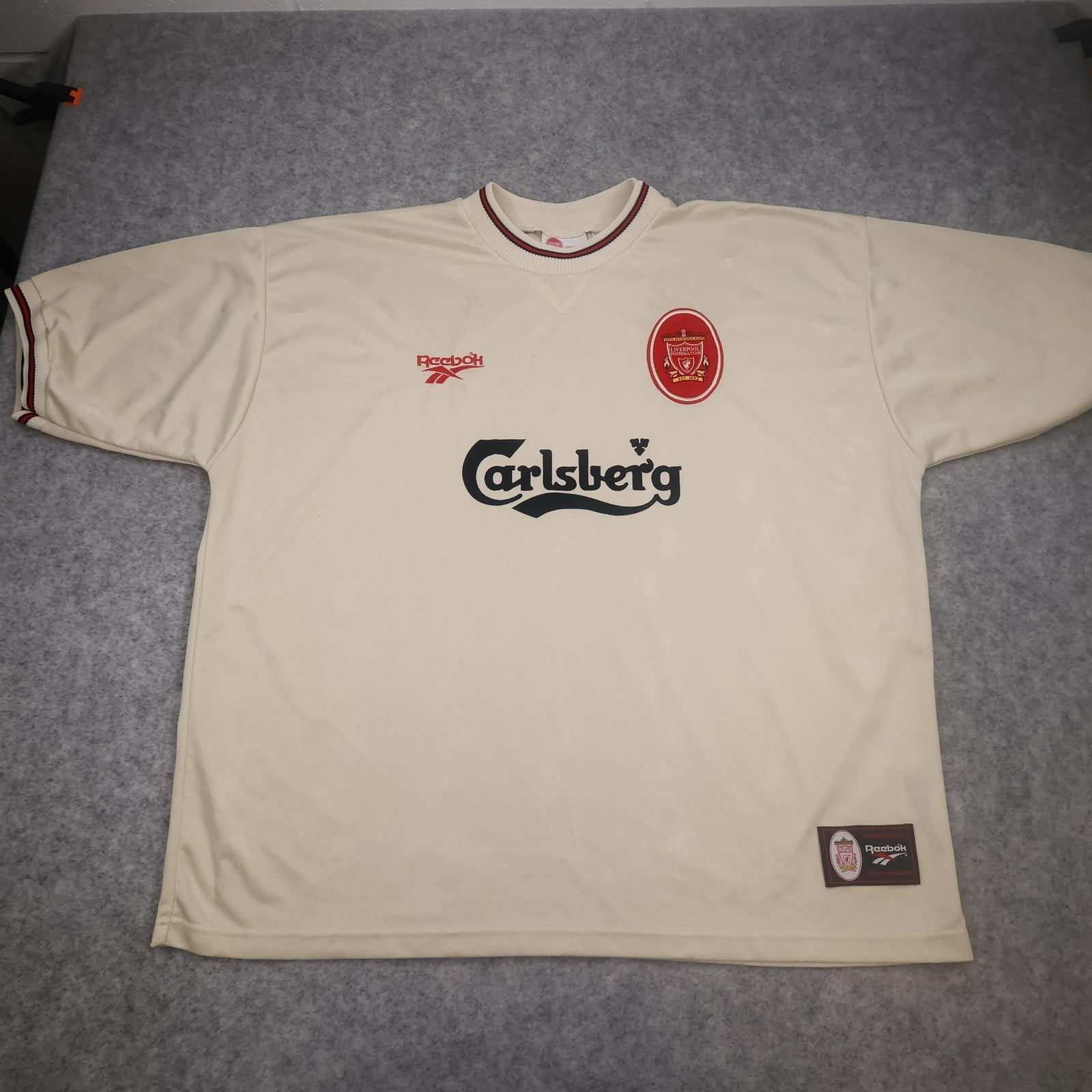 Vintage Liverpool Away Shirt Mens 2XL Beige 1996 1997 Reebok Carlsberg Jersey