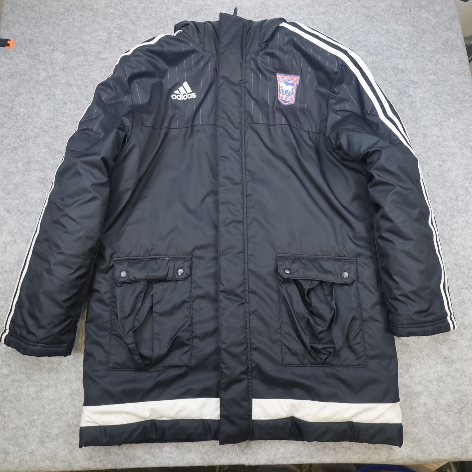 Ipswich Football Jacket Large Black Winter Adidas Long Bench Coat Pockets