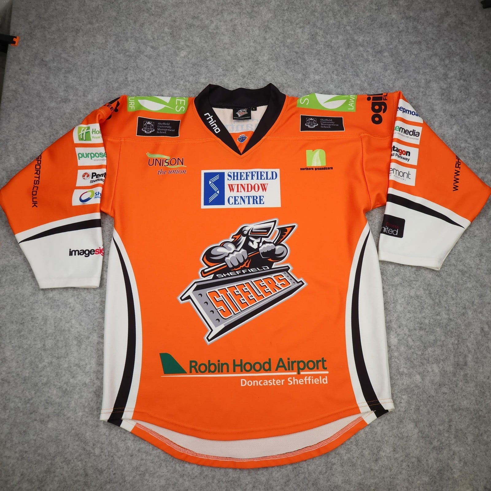 Sheffield Steelers Shirt Mens Large Orange EIHL Ice Hockey Rhino Jersey Top UK