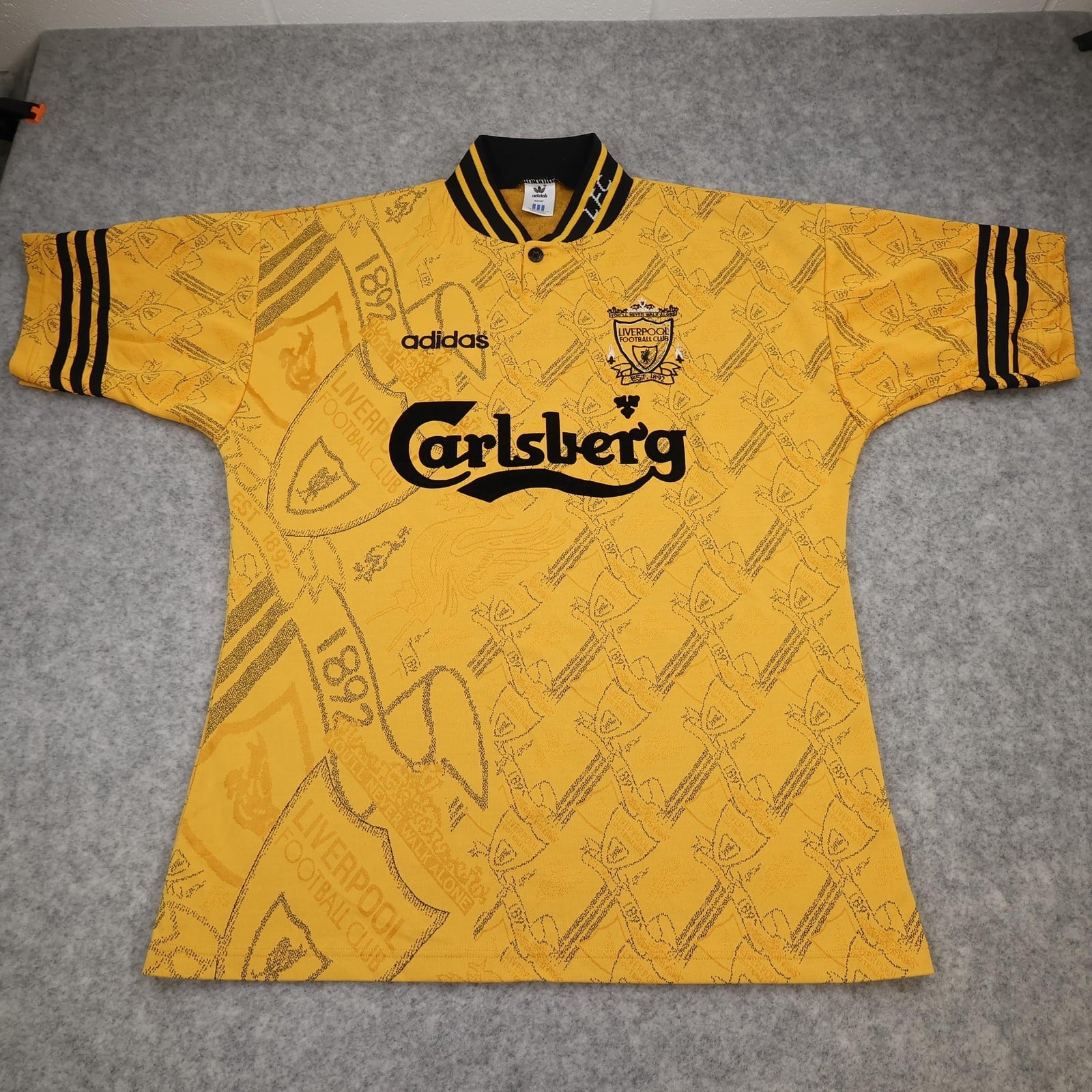 Liverpool Shirt Mens Large Third Yellow 1994 1996 Adidas Carlsberg Soccer Jersey
