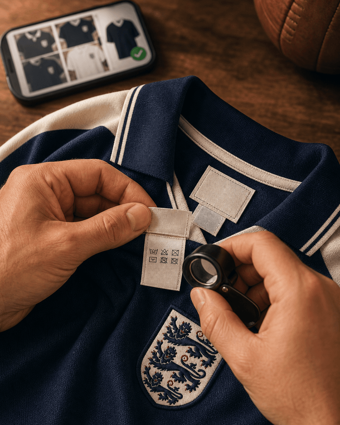 Checking the labels on a football shirt
