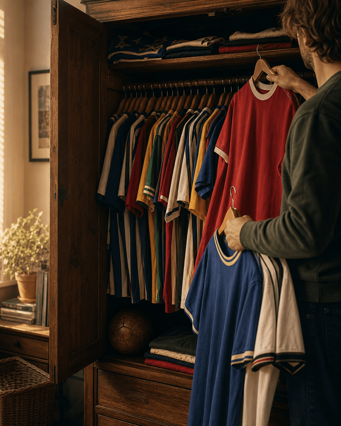 A wardrobe of football shirts being selected to sell
