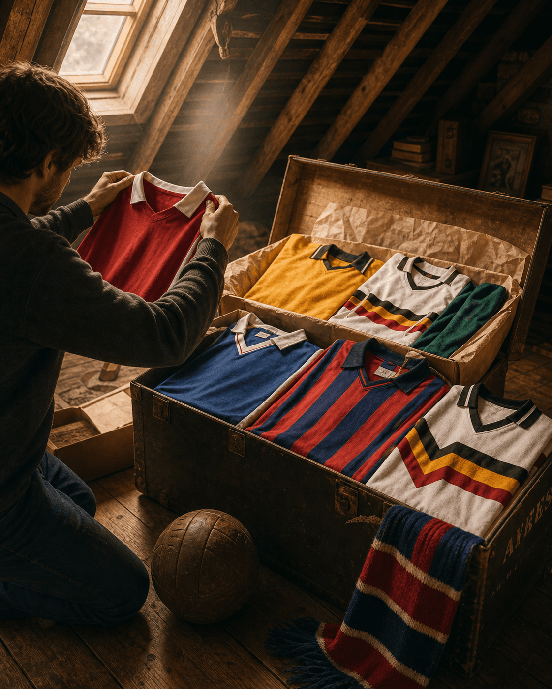 Vintage football shirts folded in a trunk ready to sell to Revive Sports