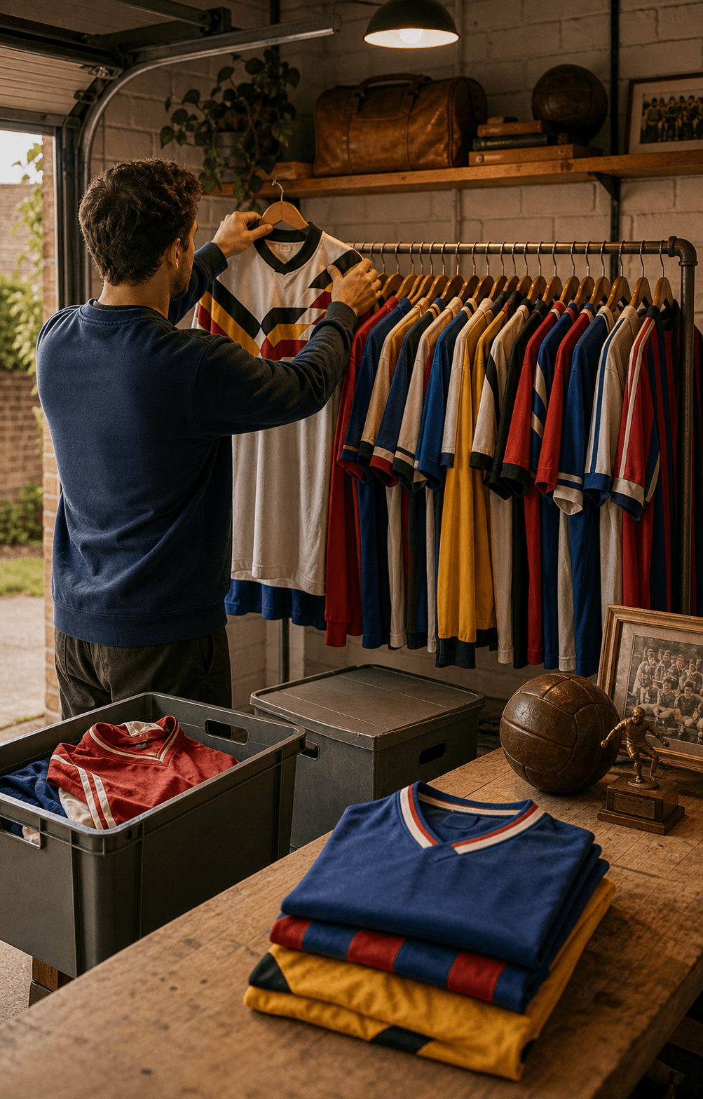 Football shirts on a rail being checked before valuation