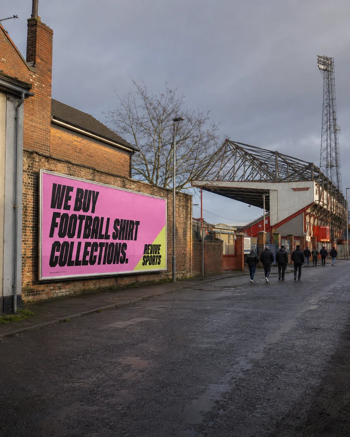 Revive Sports football shirt collections billboard beside a football ground